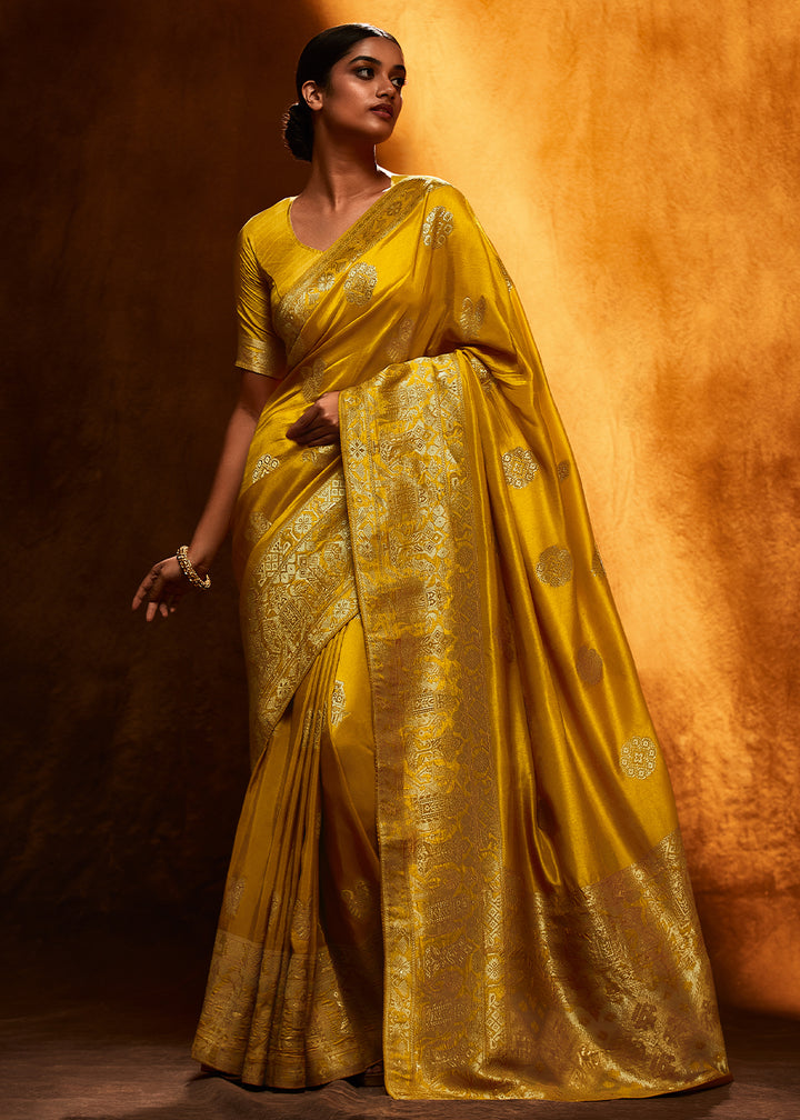 Traditional Golden Yellow Woven Viscose Silk Saree with Butti Details