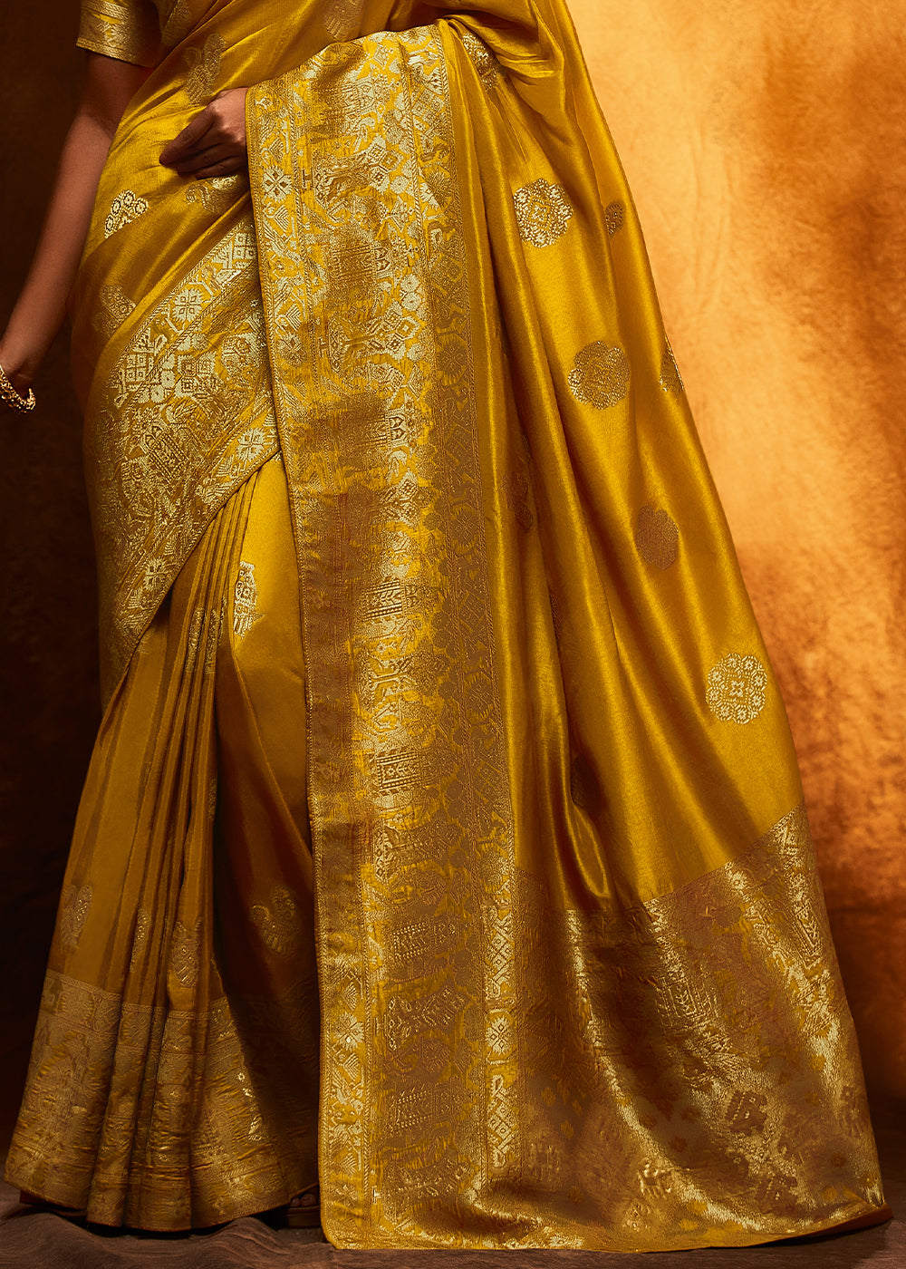 Traditional Golden Yellow Woven Viscose Silk Saree with Butti Details