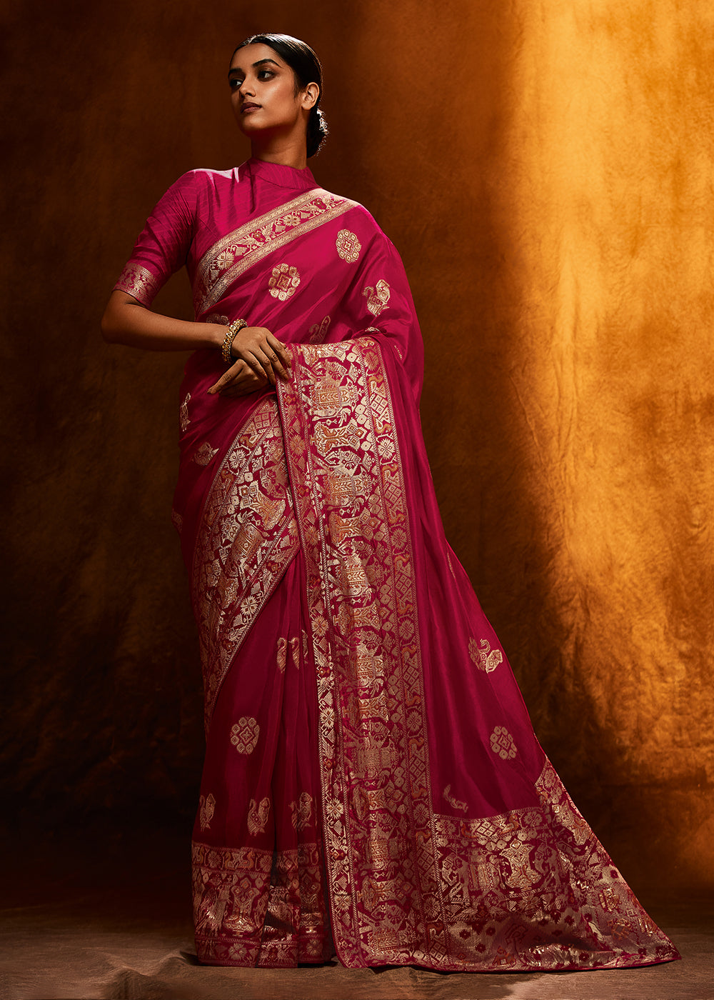 Traditional Hot Pink Woven Viscose Silk Saree with Butti Details