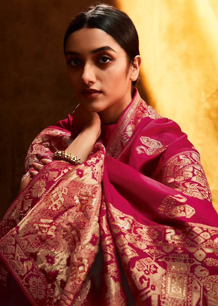 Traditional Hot Pink Woven Viscose Silk Saree with Butti Details