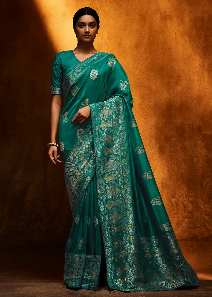 Traditional Teal Green Woven Viscose Silk Saree with Butti Details