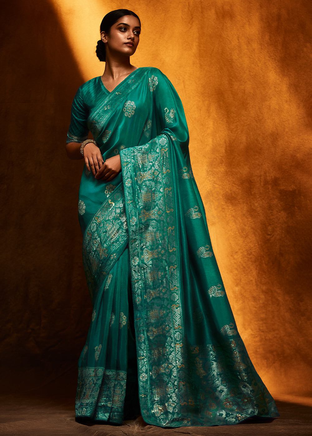 Traditional Teal Green Woven Viscose Silk Saree with Butti Details