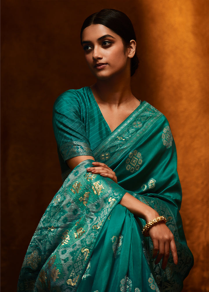 Traditional Teal Green Woven Viscose Silk Saree with Butti Details