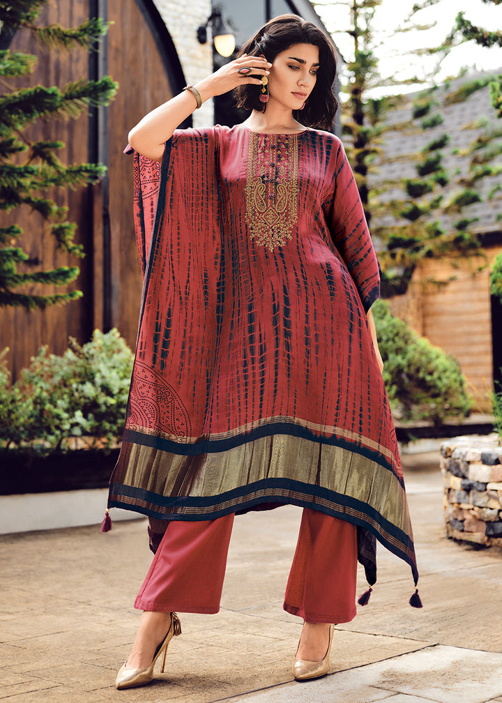 Auburn Brown Gaji Silk Kaftan Set with Unique Shibori Digital Prints