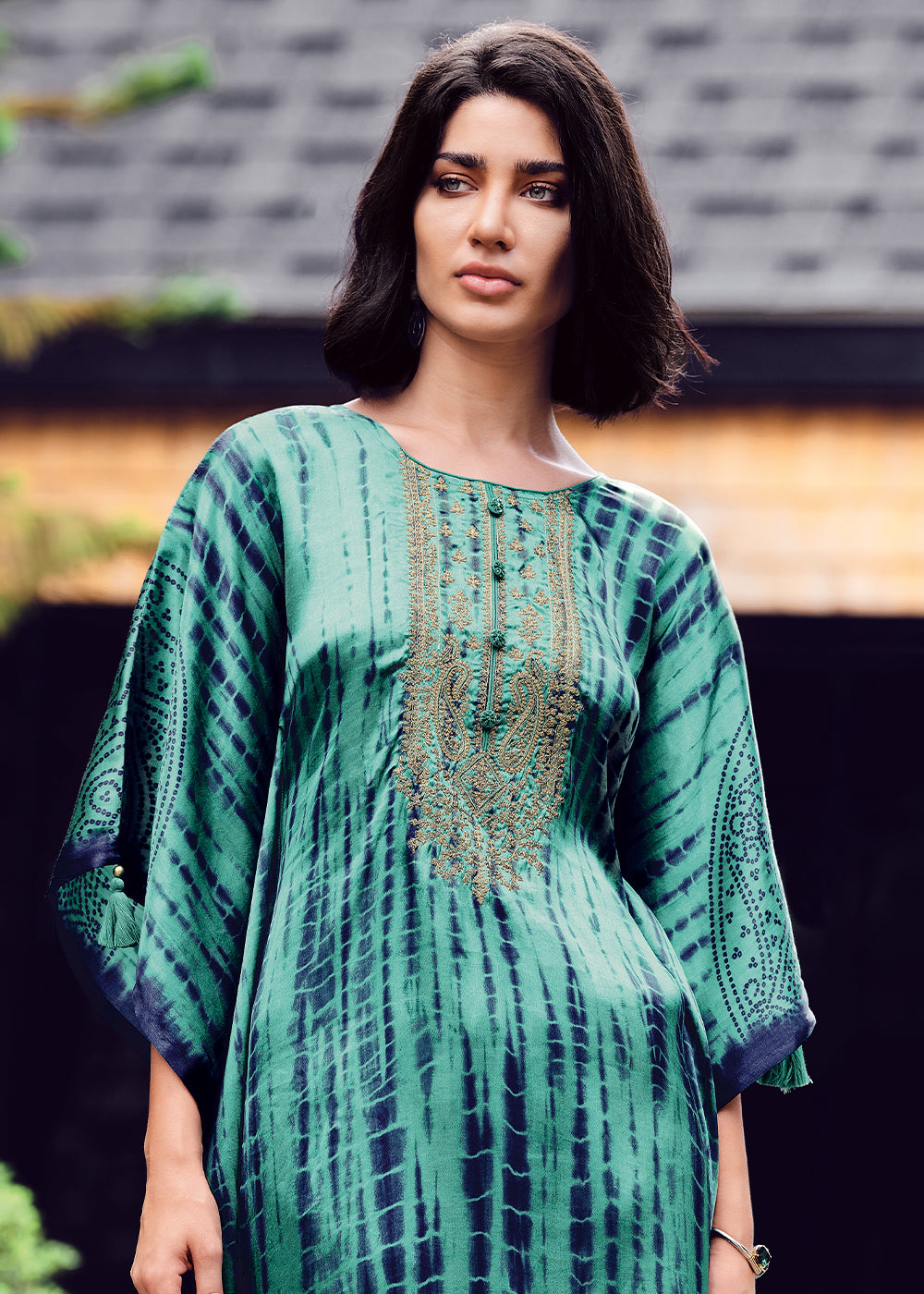 Turquoise Blue Gaji Silk Kaftan Set with Unique Shibori Digital Prints