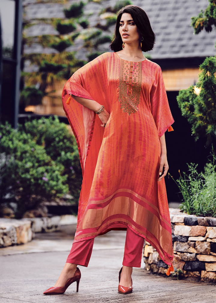 Orange & Pink Gaji Silk Kaftan Set with Unique Shibori Digital Prints