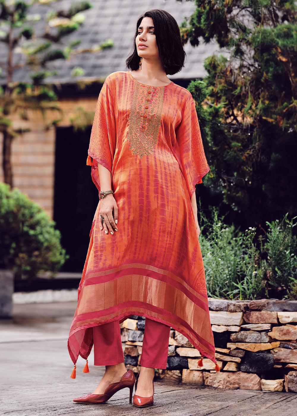 Orange & Pink Gaji Silk Kaftan Set with Unique Shibori Digital Prints