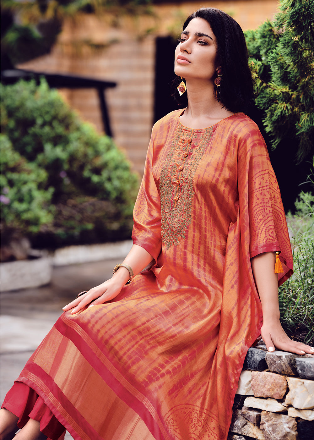 Orange & Pink Gaji Silk Kaftan Set with Unique Shibori Digital Prints