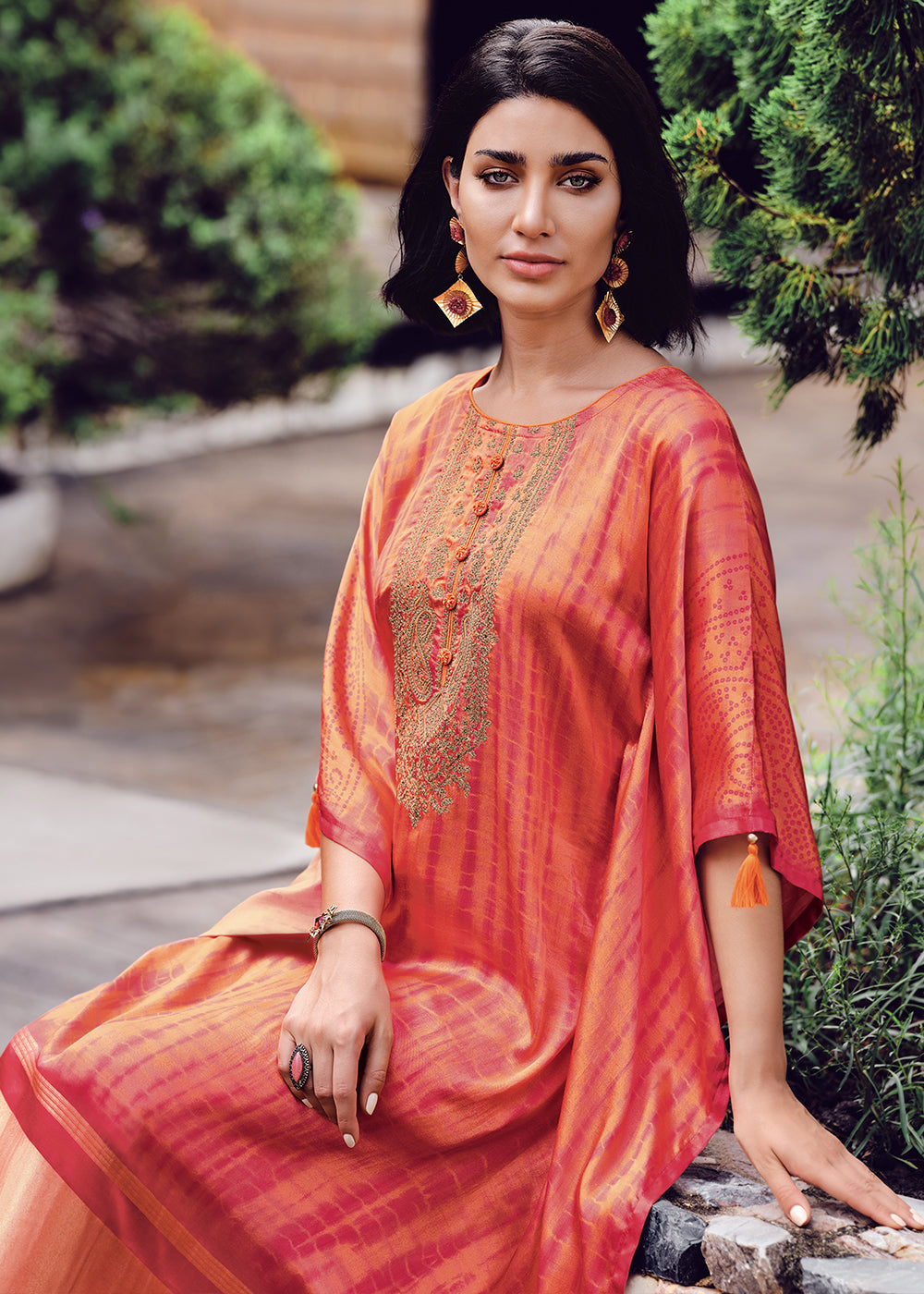 Orange & Pink Gaji Silk Kaftan Set with Unique Shibori Digital Prints