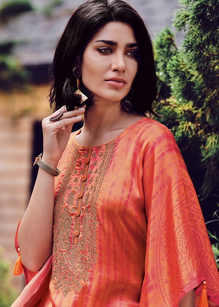 Orange & Pink Gaji Silk Kaftan Set with Unique Shibori Digital Prints