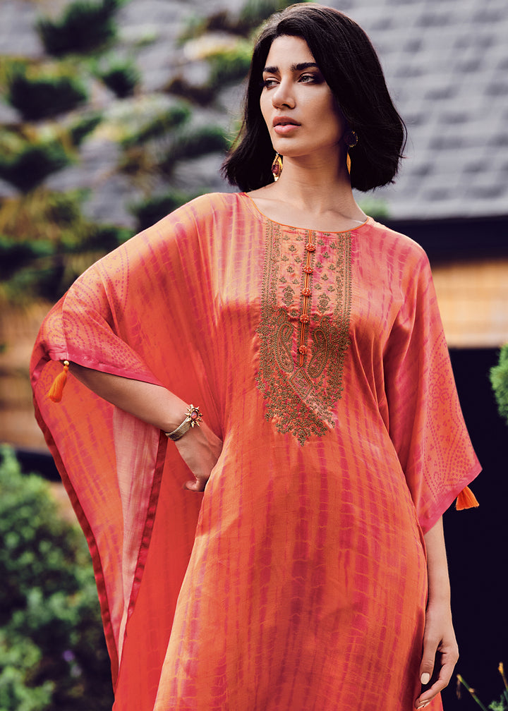 Orange & Pink Gaji Silk Kaftan Set with Unique Shibori Digital Prints