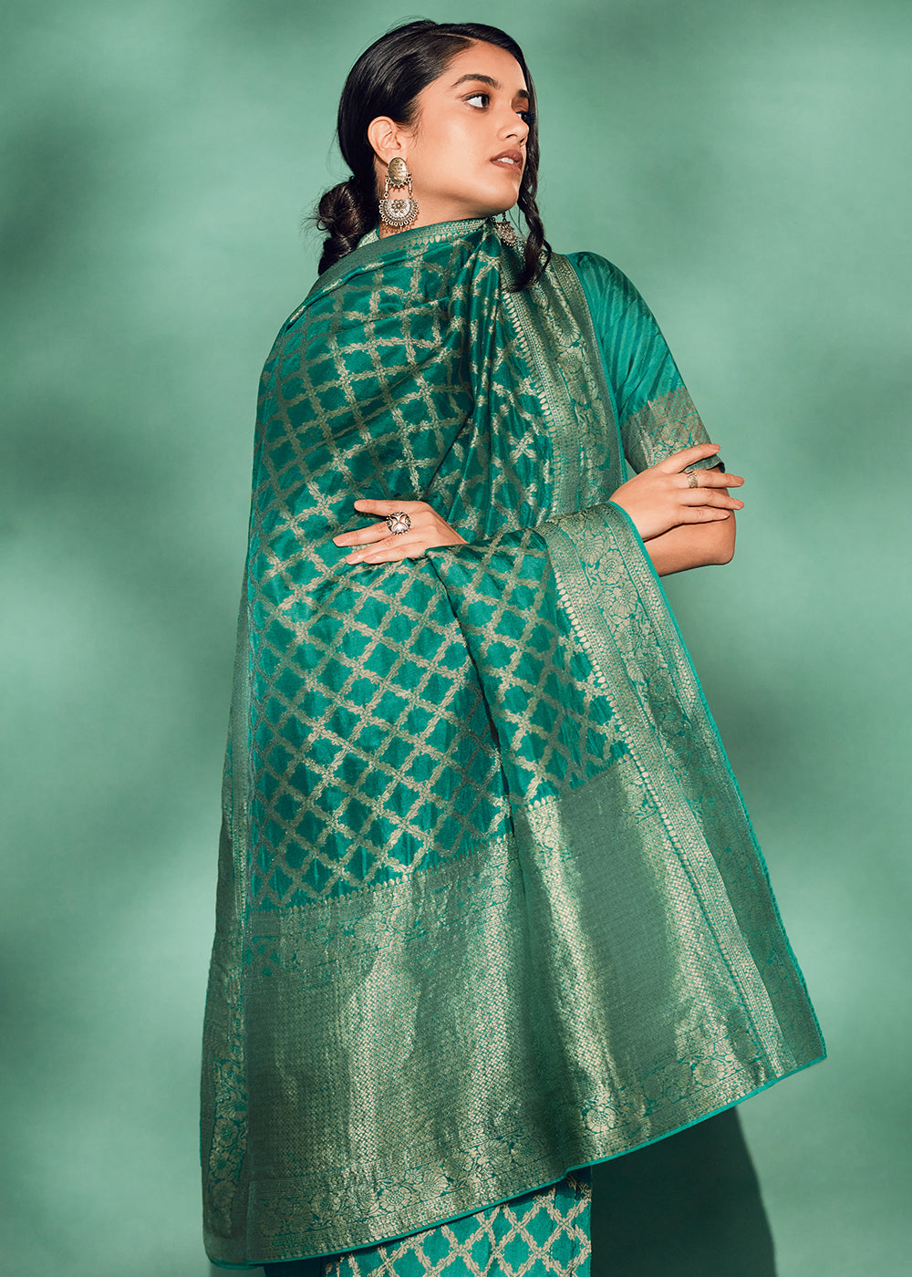 Luxury Dark Cyan Green Saree with Digital Prints on Woven Viscose Silk