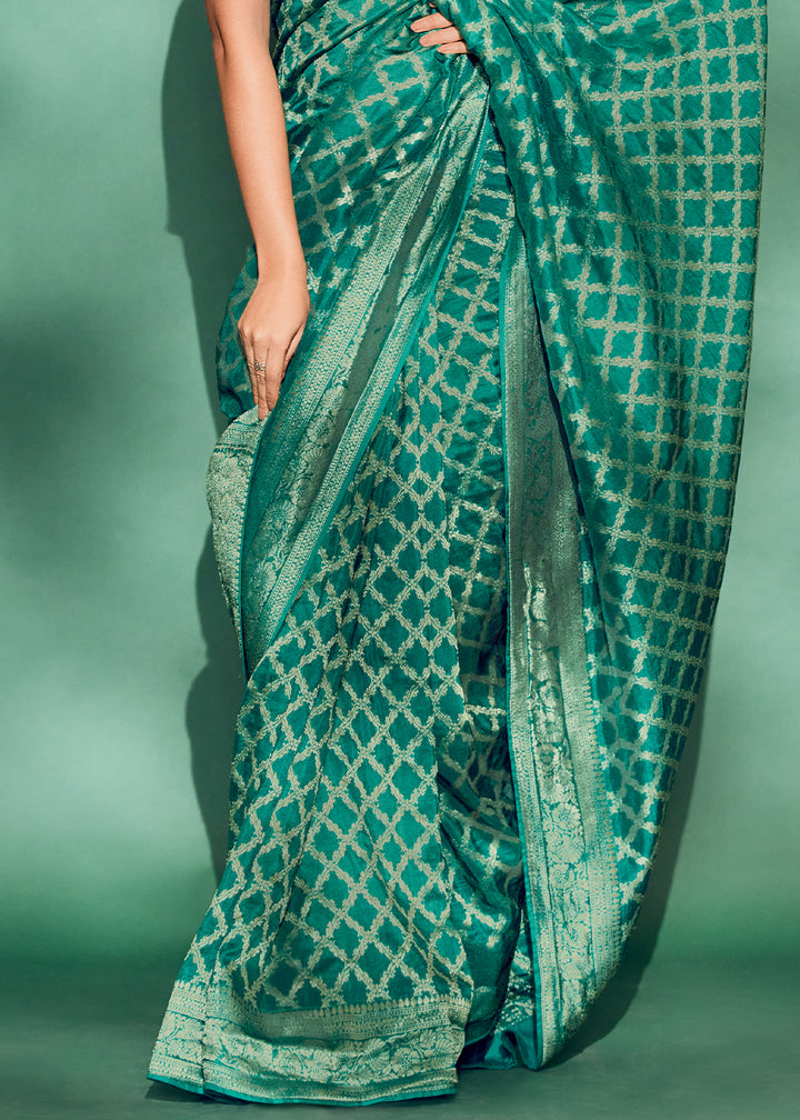 Luxury Dark Cyan Green Saree with Digital Prints on Woven Viscose Silk