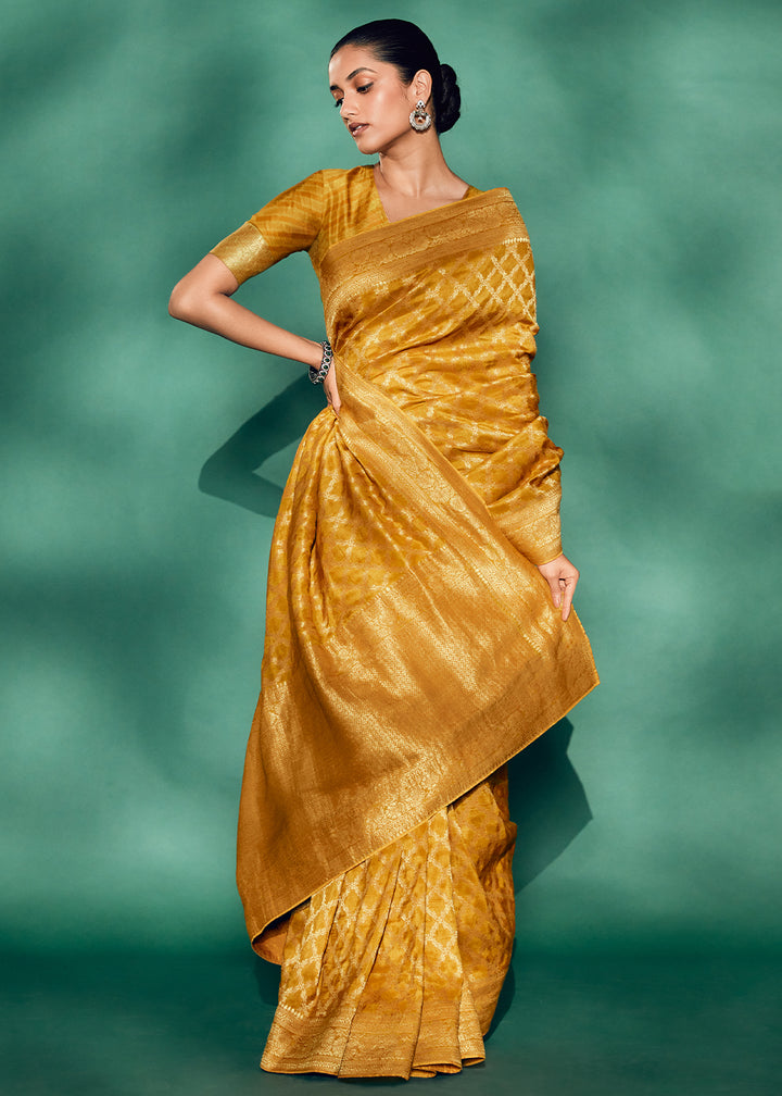 Luxury Mustard Yellow Saree with Digital Prints on Woven Viscose Silk