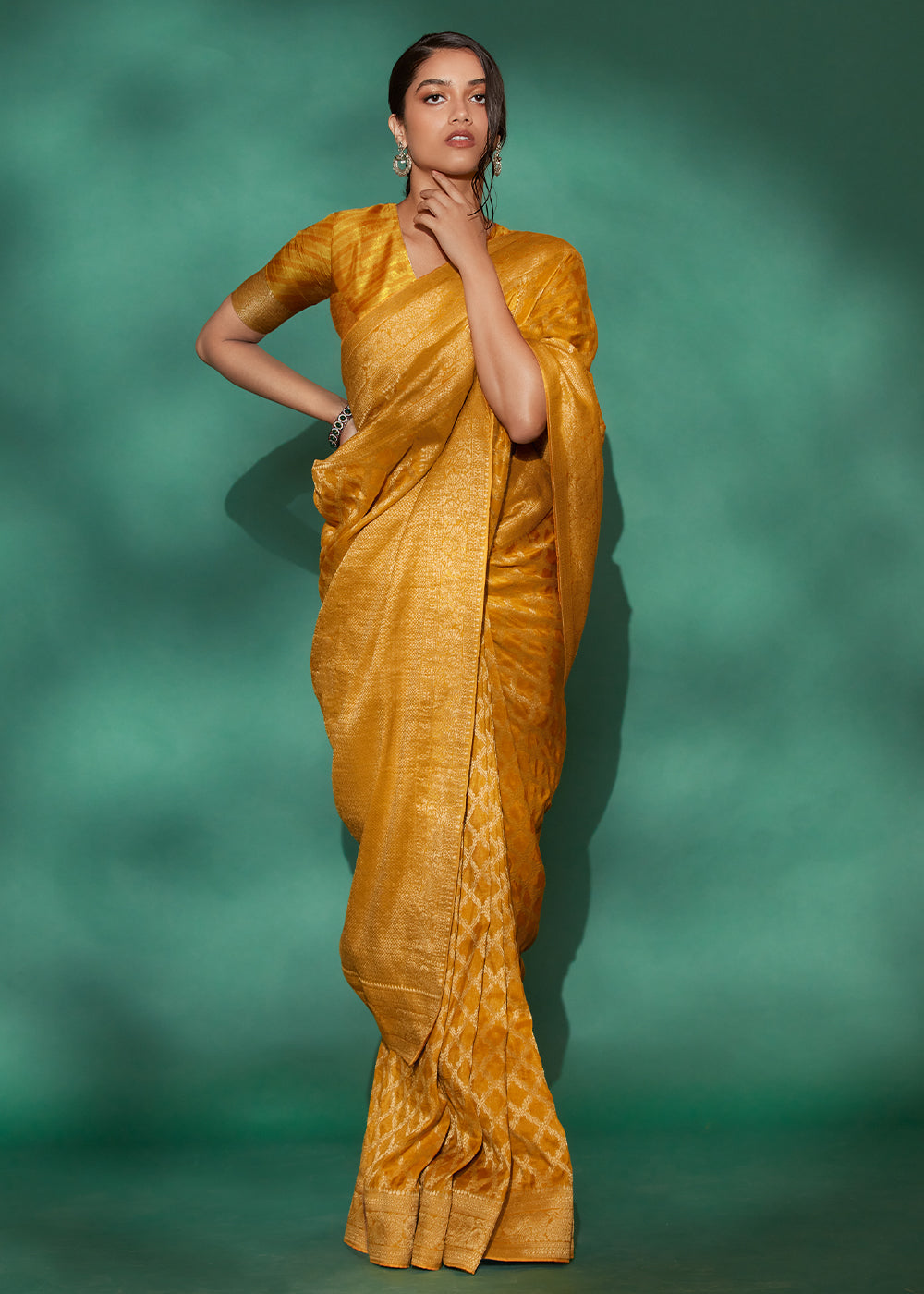 Luxury Mustard Yellow Saree with Digital Prints on Woven Viscose Silk