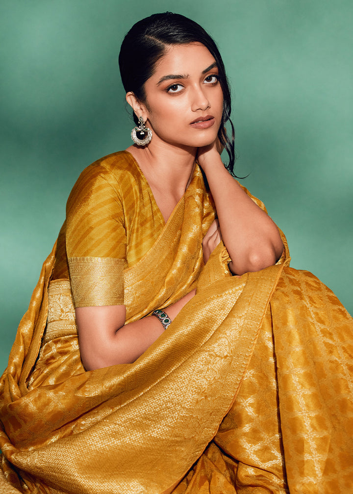 Luxury Mustard Yellow Saree with Digital Prints on Woven Viscose Silk