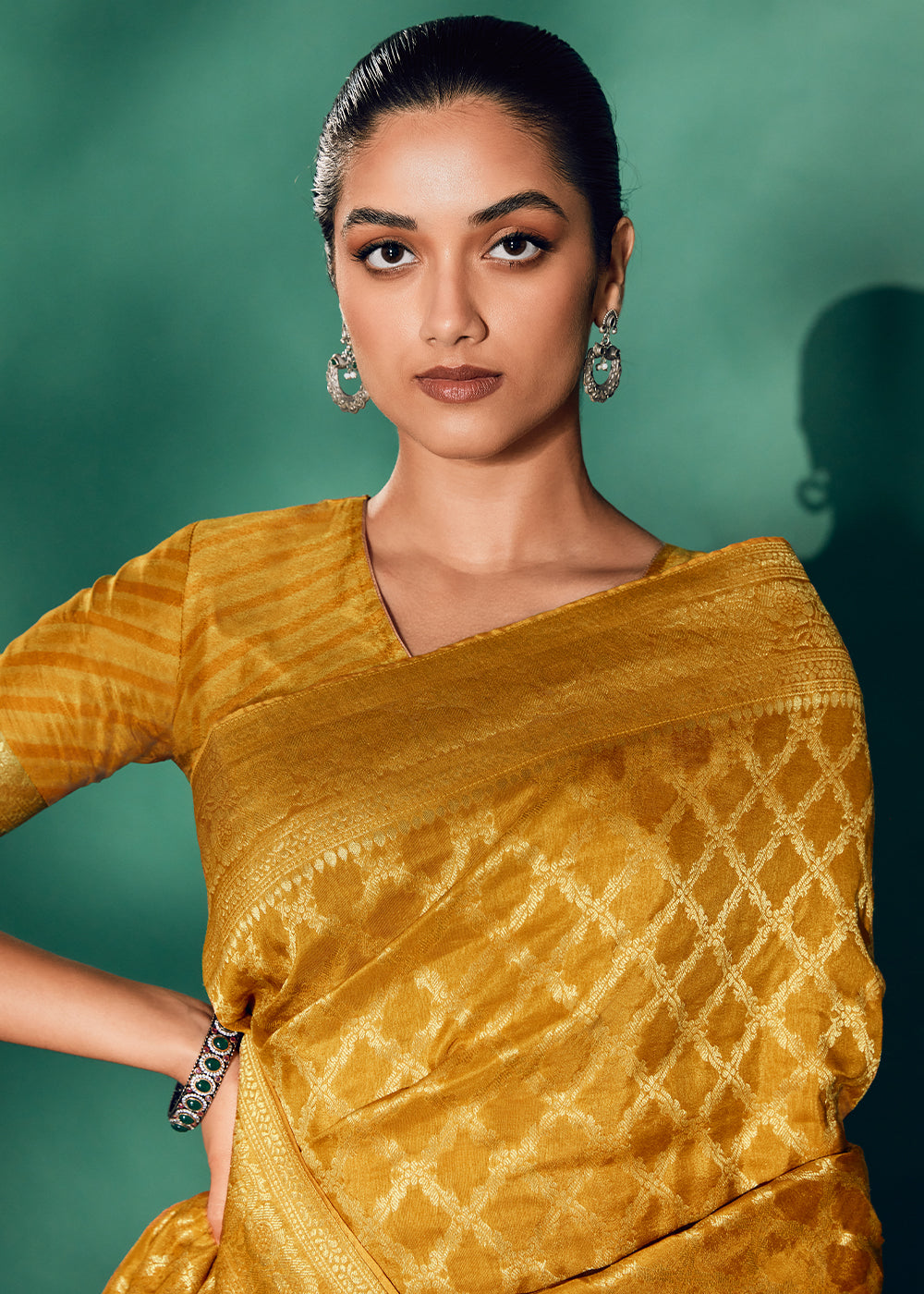 Luxury Mustard Yellow Saree with Digital Prints on Woven Viscose Silk