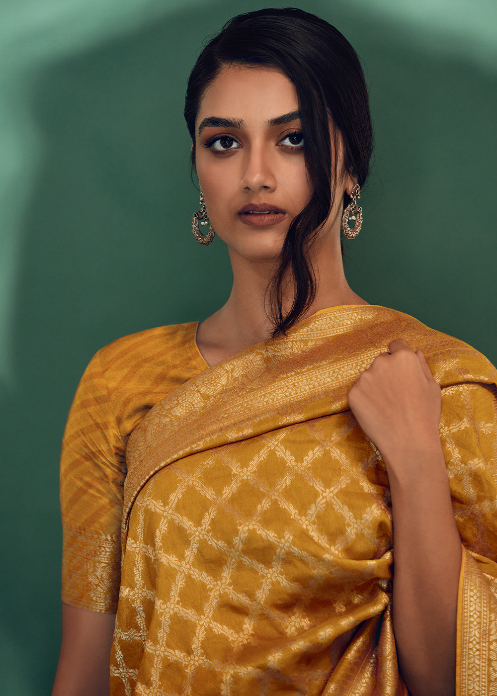 Luxury Mustard Yellow Saree with Digital Prints on Woven Viscose Silk