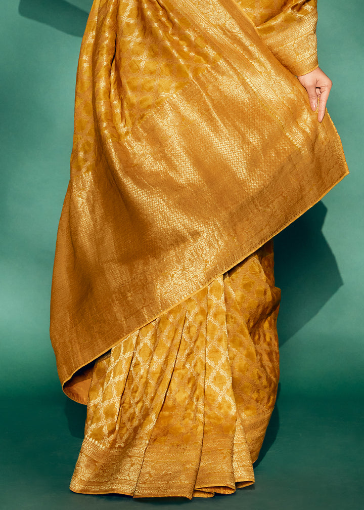 Luxury Mustard Yellow Saree with Digital Prints on Woven Viscose Silk