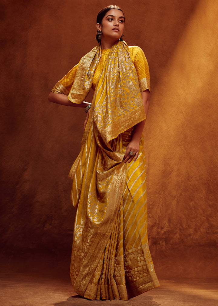 Medallion Yellow Viscose Silk Saree Adorned with Zari Woven Detailing