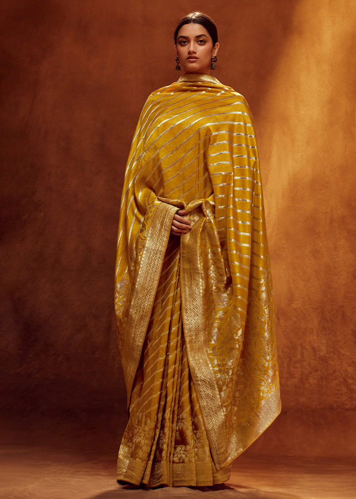 Medallion Yellow Viscose Silk Saree Adorned with Zari Woven Detailing