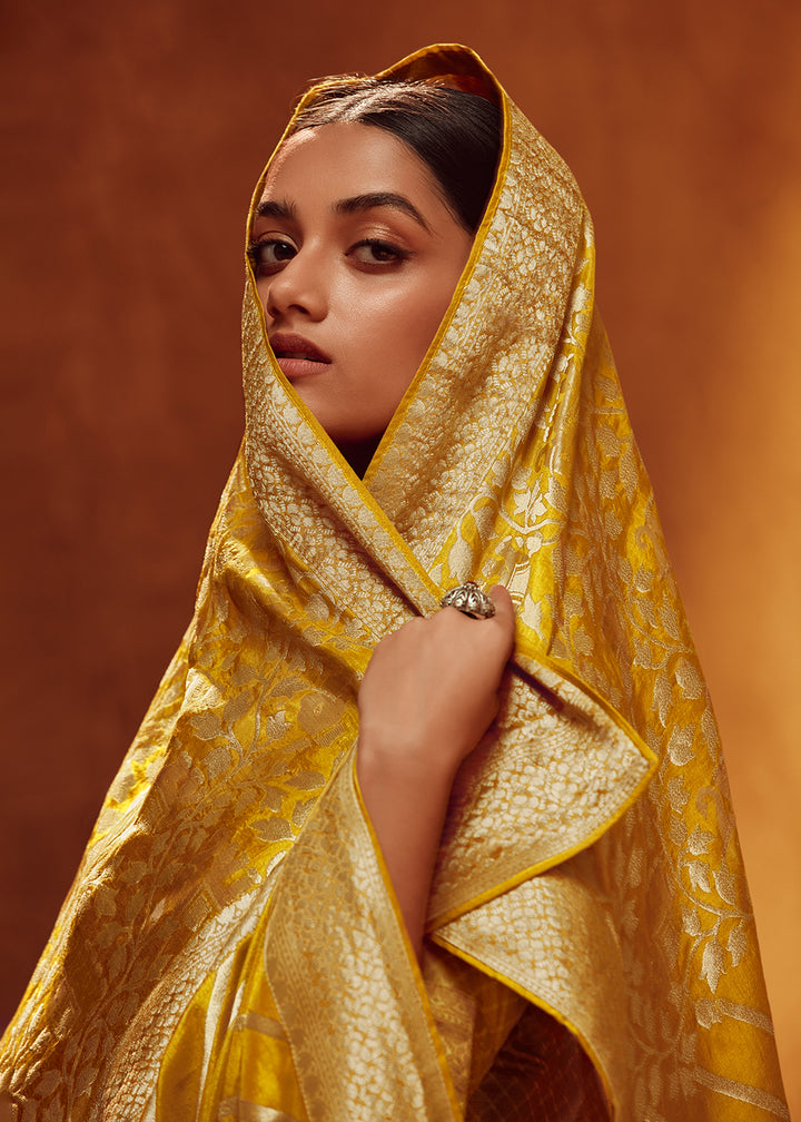 Medallion Yellow Viscose Silk Saree Adorned with Zari Woven Detailing