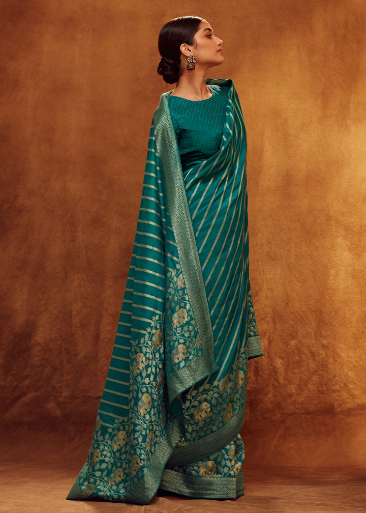 Teal Green Viscose Silk Saree Adorned with Zari Woven Detailing