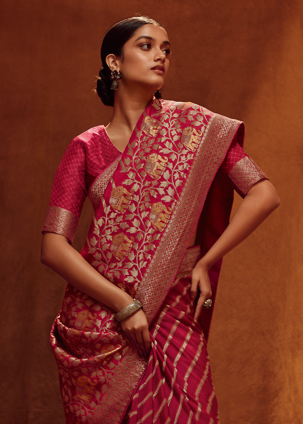 Magenta Pink Viscose Silk Saree Adorned with Zari Woven Detailing