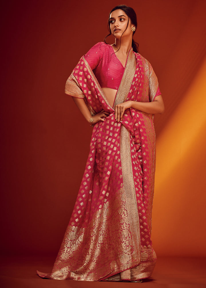 Carmine Pink Viscose Georgette Saree Adorned with Zari Woven Detailing