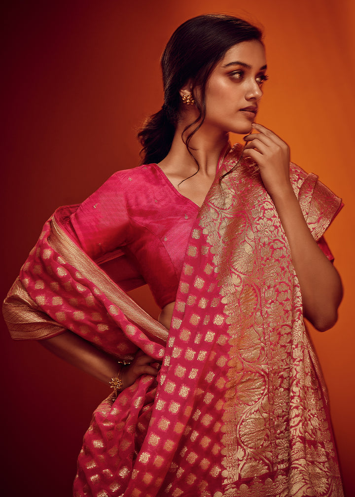 Carmine Pink Viscose Georgette Saree Adorned with Zari Woven Detailing