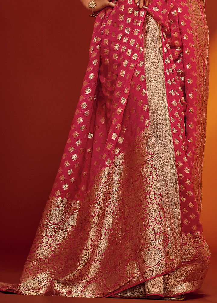 Carmine Pink Viscose Georgette Saree Adorned with Zari Woven Detailing