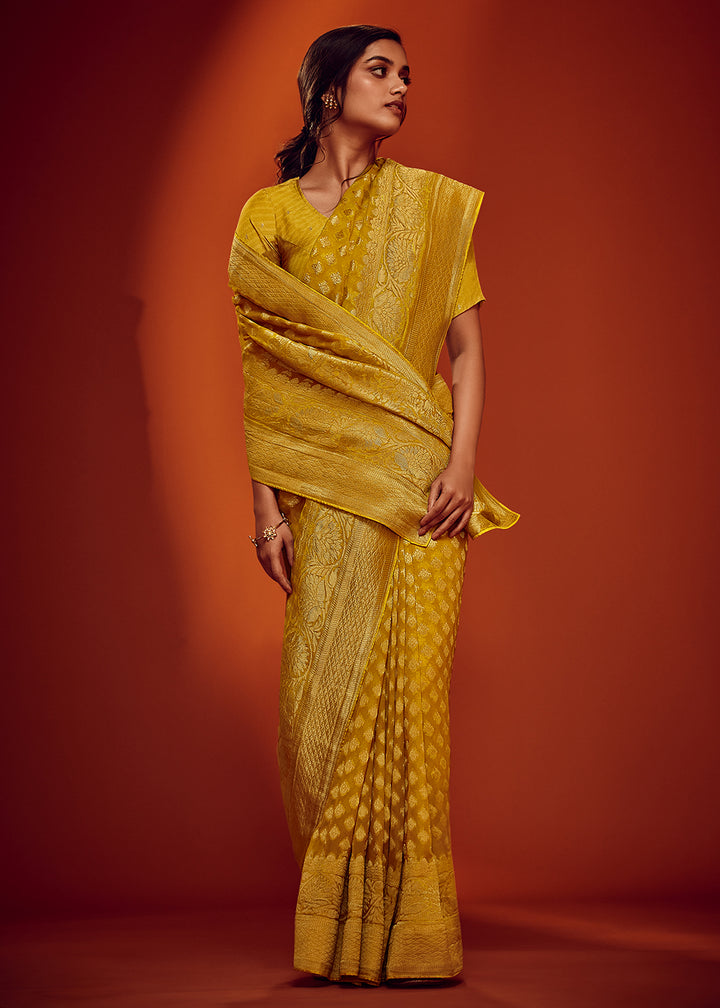 Shades Of Yellow Viscose Georgette Saree Adorned with Zari Woven Detailing