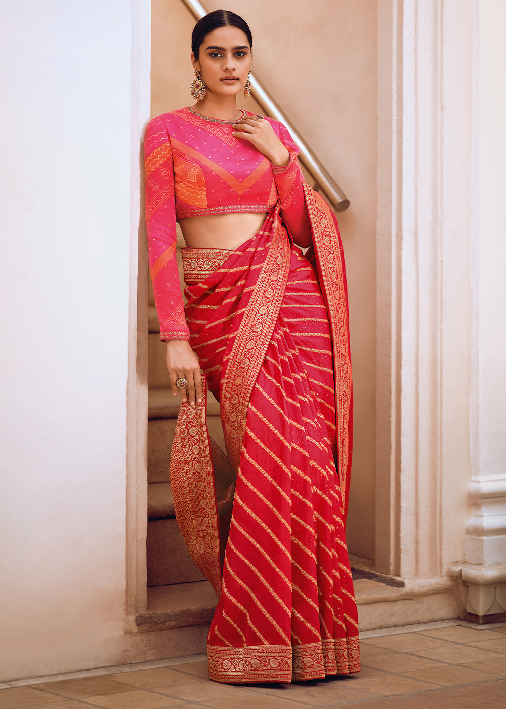 Reddish Pink Leheriya Designer Saree in Woven Viscose Silk