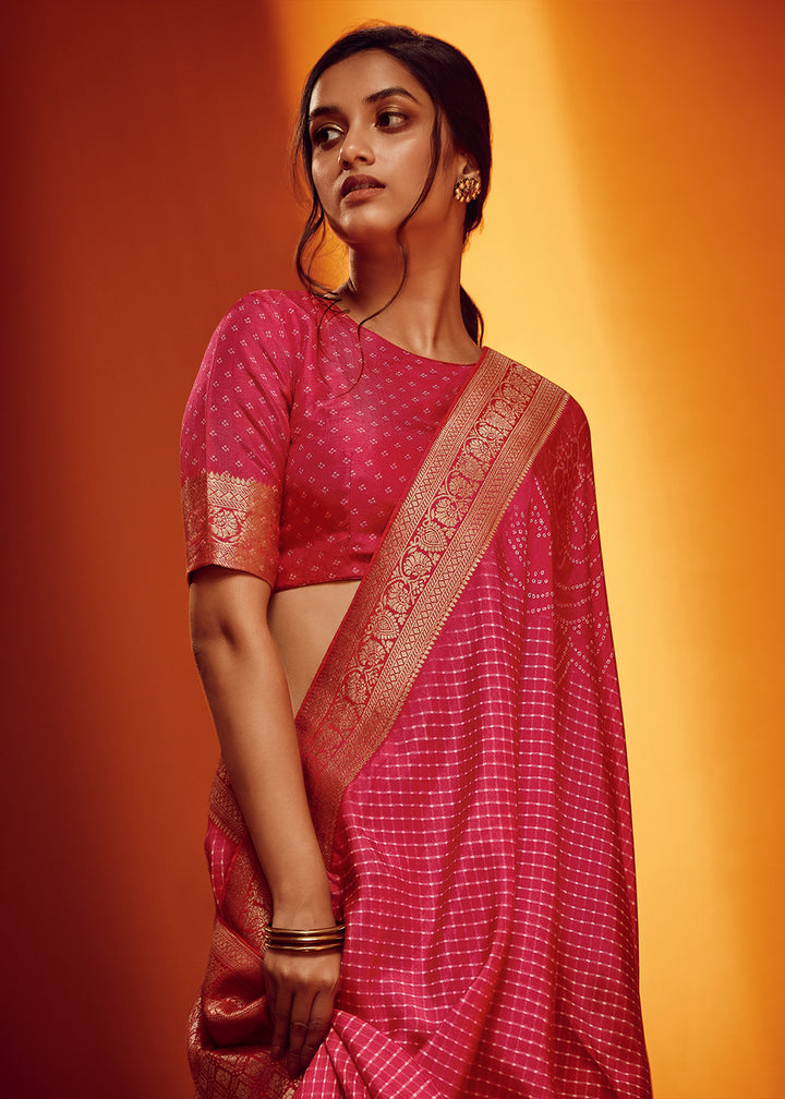 Raspberry Pink Designer Saree in Woven Viscose Silk with Digital Prints