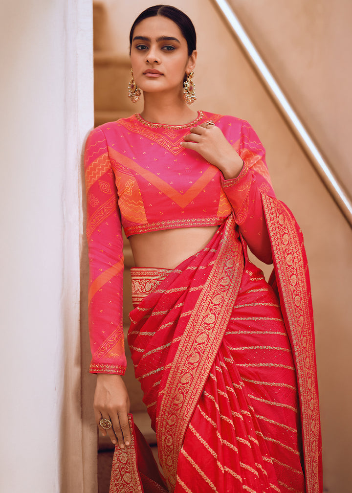 Reddish Pink Leheriya Designer Saree in Woven Viscose Silk