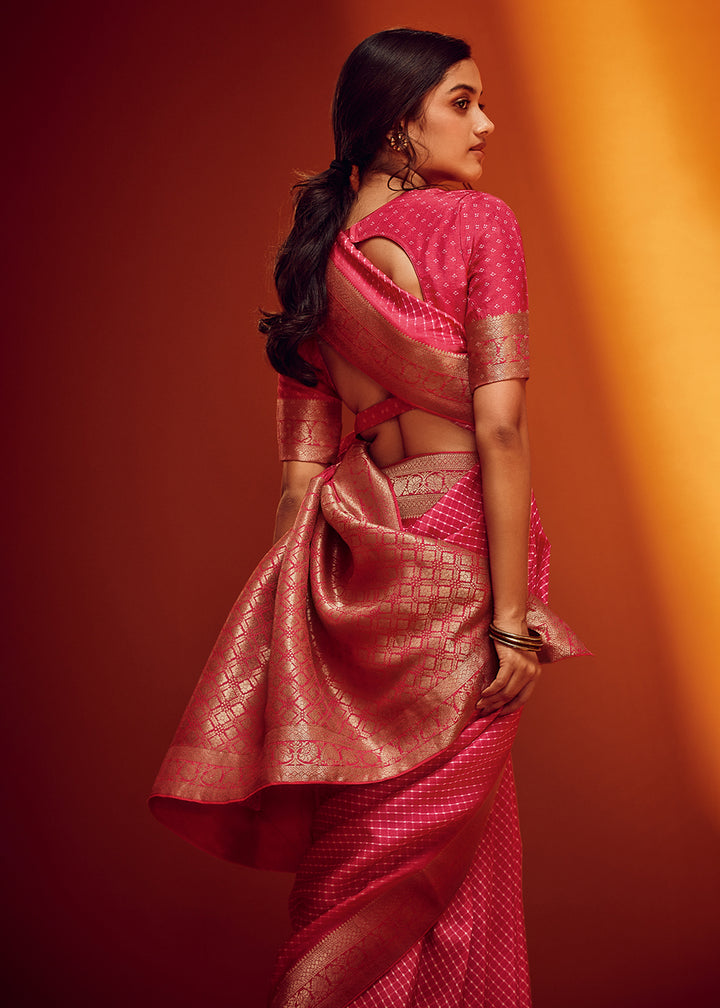 Raspberry Pink Designer Saree in Woven Viscose Silk with Digital Prints