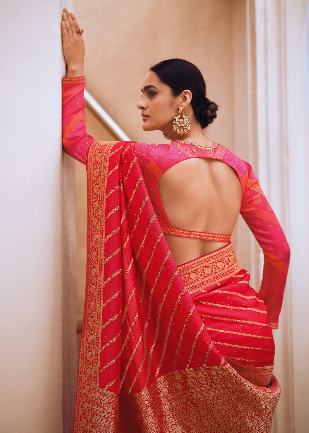 Reddish Pink Leheriya Designer Saree in Woven Viscose Silk