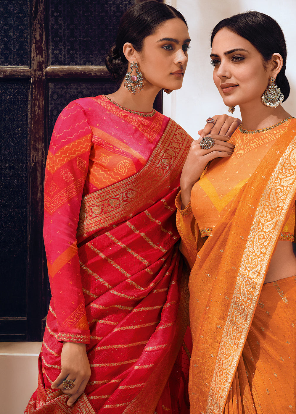 Reddish Pink Leheriya Designer Saree in Woven Viscose Silk