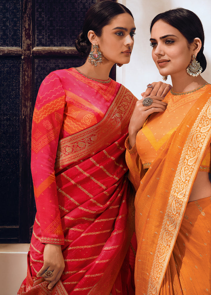 Reddish Pink Leheriya Designer Saree in Woven Viscose Silk