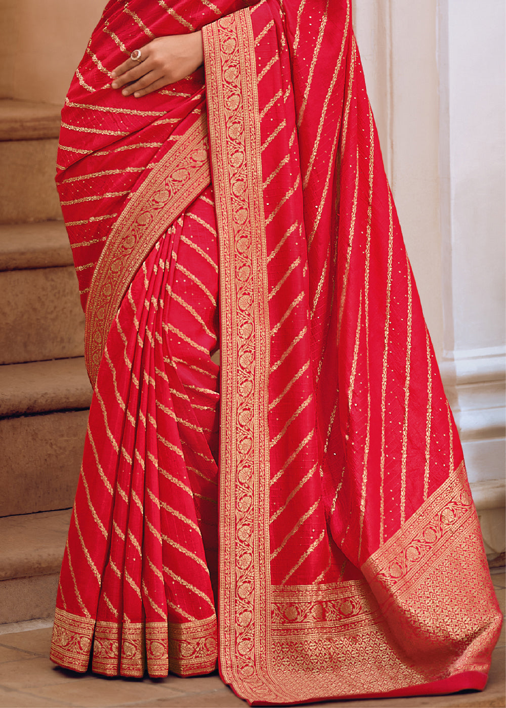 Reddish Pink Leheriya Designer Saree in Woven Viscose Silk