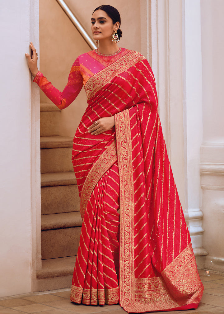 Reddish Pink Leheriya Designer Saree in Woven Viscose Silk