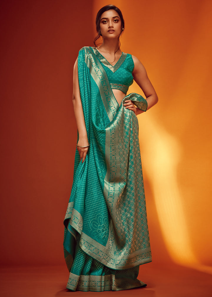 Turquoise Blue Designer Saree in Woven Viscose Silk with Digital Prints