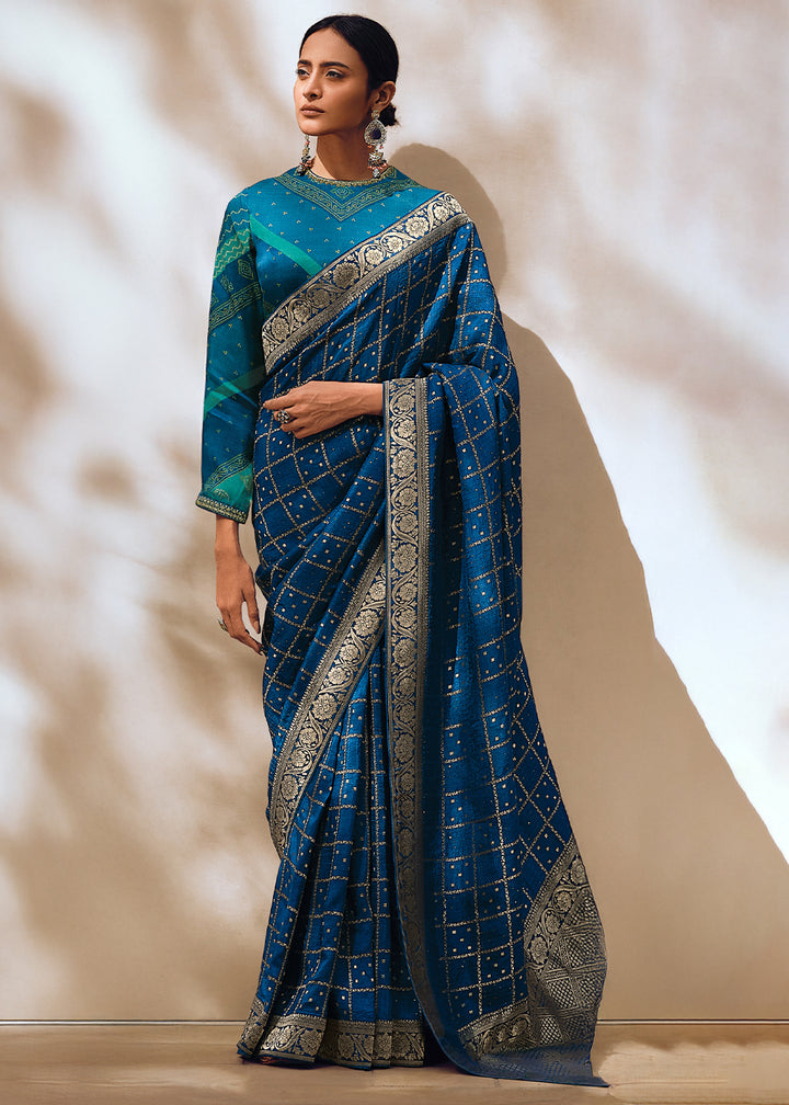 Cobalt Blue Leheriya Designer Saree in Woven Viscose Silk