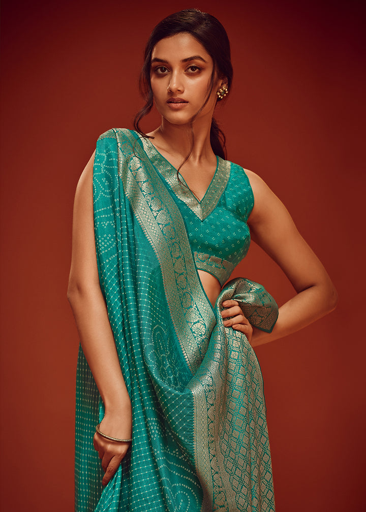 Turquoise Blue Designer Saree in Woven Viscose Silk with Digital Prints