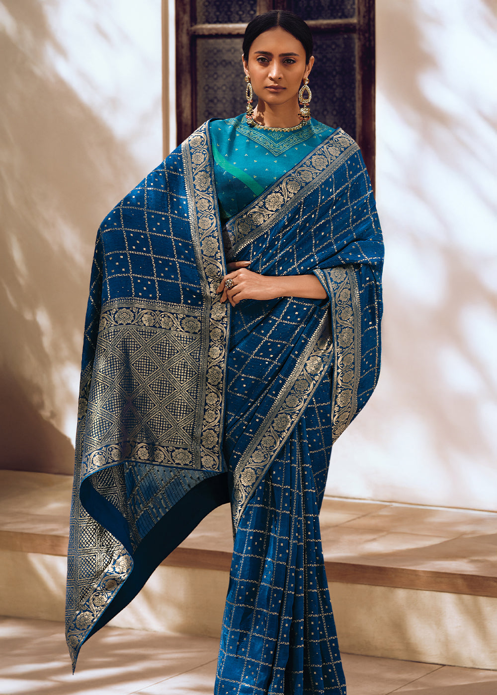 Cobalt Blue Leheriya Designer Saree in Woven Viscose Silk