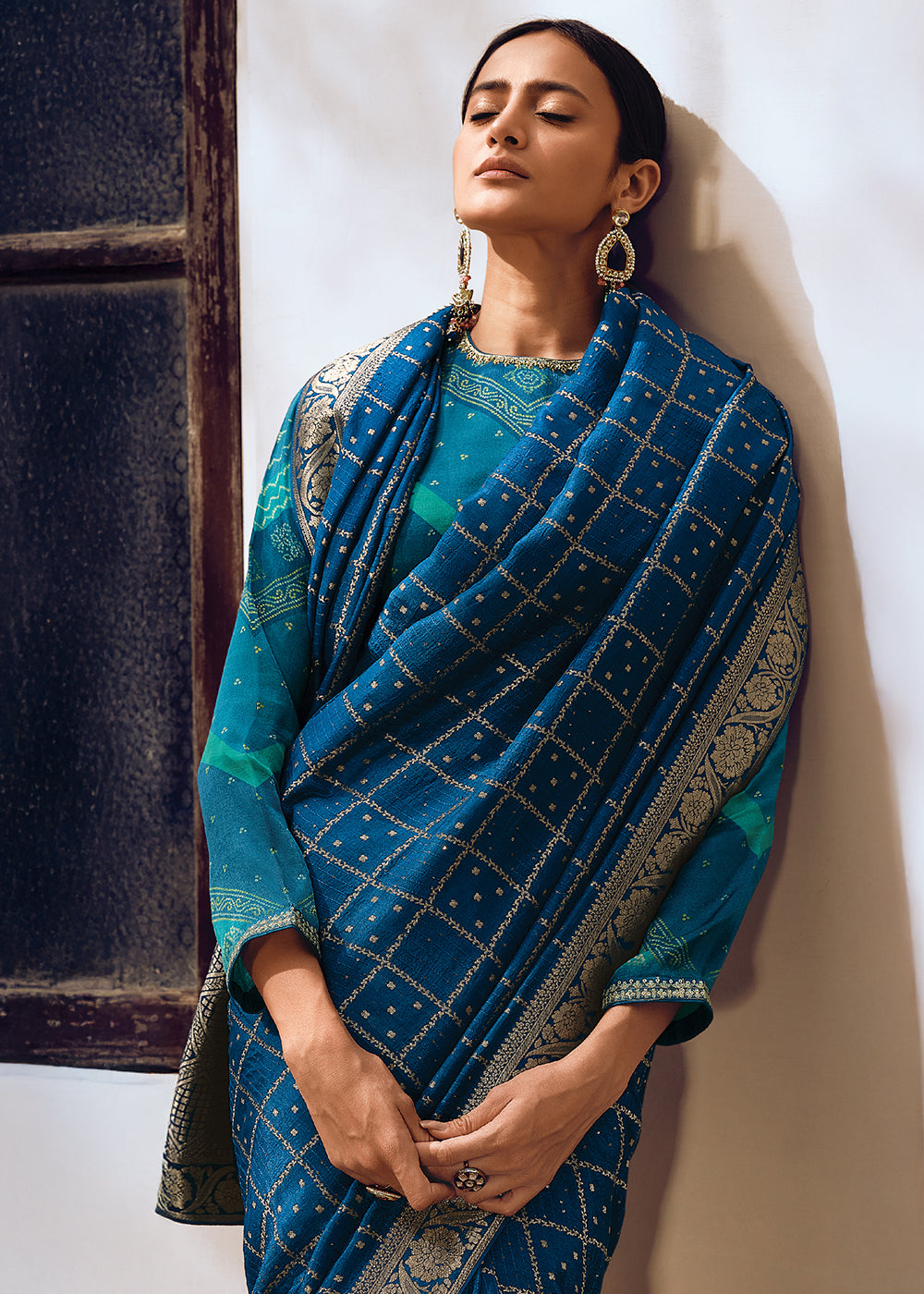 Cobalt Blue Leheriya Designer Saree in Woven Viscose Silk