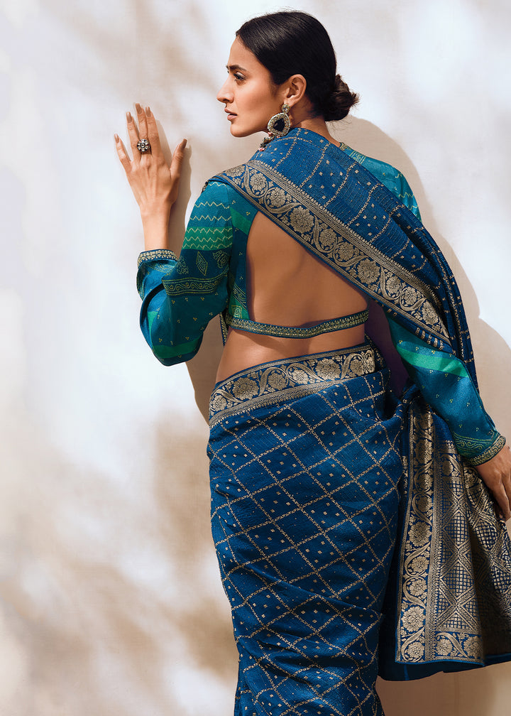 Cobalt Blue Leheriya Designer Saree in Woven Viscose Silk