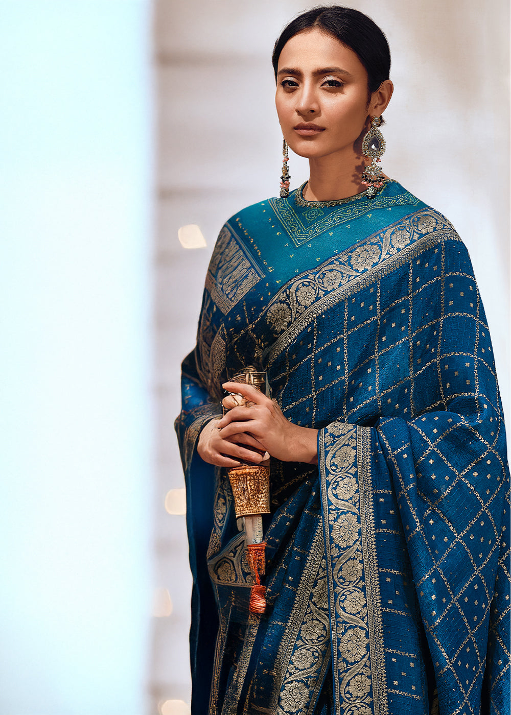 Cobalt Blue Leheriya Designer Saree in Woven Viscose Silk