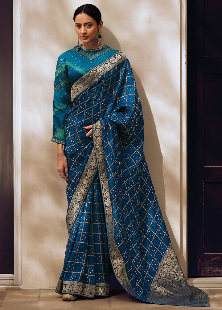 Cobalt Blue Leheriya Designer Saree in Woven Viscose Silk