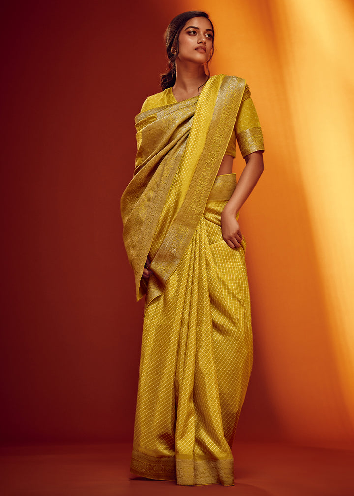 Straw Yellow Designer Saree in Woven Viscose Silk with Digital Prints